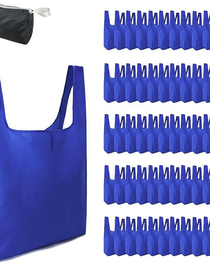 BeeGreen Blue Reusable Grocery Bags Wholesale Royal Reusable Kitchen Bags Bulk Foldable-Machine Washable with Zipper Storage Pouch 50 Packs