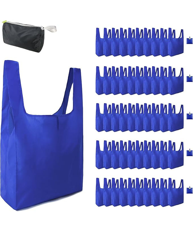 BeeGreen Blue Reusable Grocery Bags Wholesale Royal Reusable Kitchen Bags Bulk Foldable-Machine Washable with Zipper Storage Pouch 50 Packs