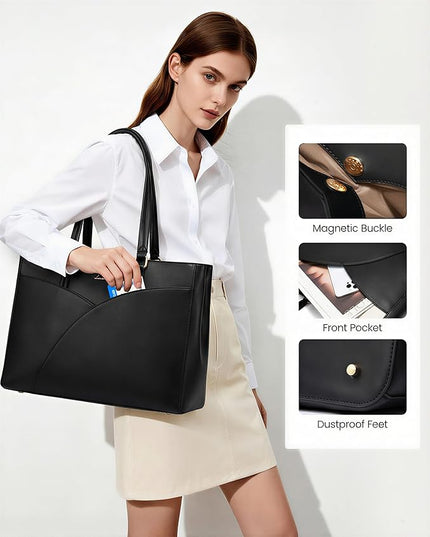 LOVEVOOK Laptop Bag for Women,15.6 Inch Work Teacher Bags Leather Tote Bag Briefcase Waterproof Computer Bag for Women，Black