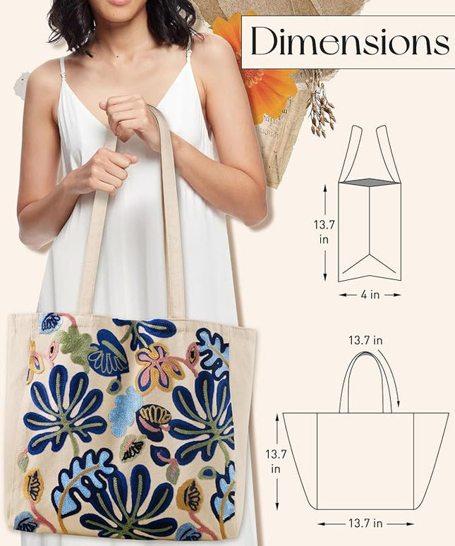 Aesthetic Embroidery Tote Bag for Women - Reusable Canvas Cute Shoulder Bag for Shopping, Grocery, Work, Book