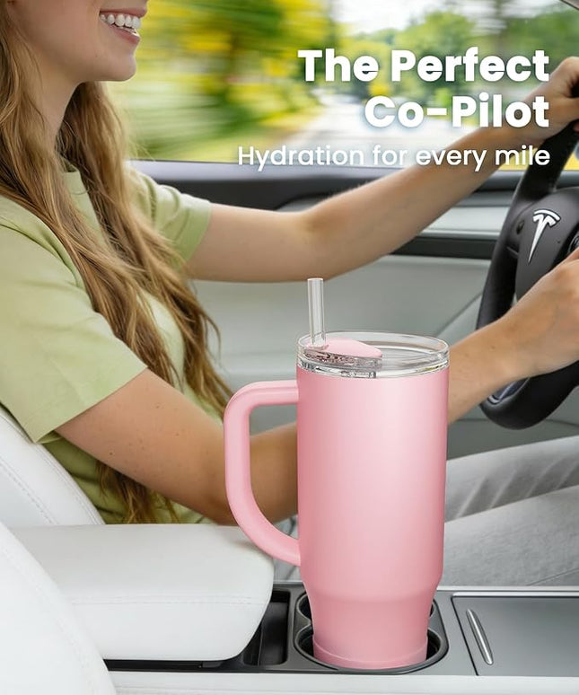 Renoj Tumbler with Handle 100% Spill Resistant Insulated Water Bottle for Iced Coffee & Hot Drinks - Fits Car Cup Holder, Ideal Gift, 2 Straws & Silicone Boot BPA-Free - FlexSlide Pink 32 oz