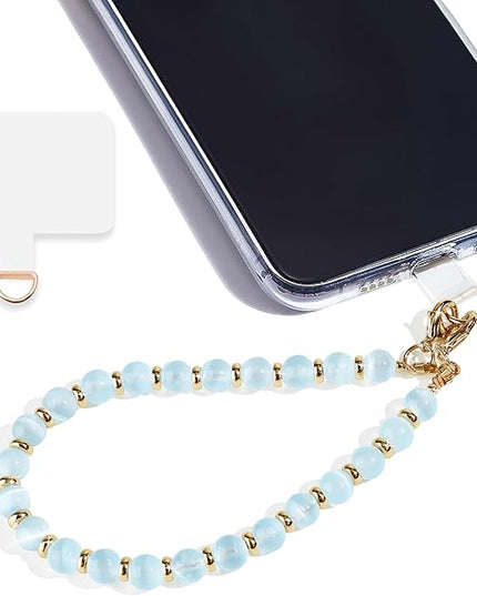 Marble Beaded Phone Wrist Strap,Detachable Phone Bracelet Strap with Tether Tab,Hands-Free Wristlet Strap (Light Blue Cat's Eye)