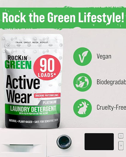 Rockin' Green Laundry Detergent, Plant based, All Natural Laundry Detergent Powder, Vegan and Biodegradable Odor Fighter, Safe for Sensitive Skin (Active Wear 90 Loads - Smashing Watermelons)