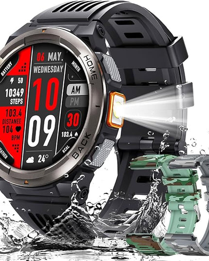KE5 Military Smart Watch for Men with Flashlight SOS 3ATM Waterproof Watch 530mAh Big Battery 1.45" Rugged Tactical Smartwatch with Compass Elevation Barometer Fitness Watch for iPhone (Grey+2 Camo)