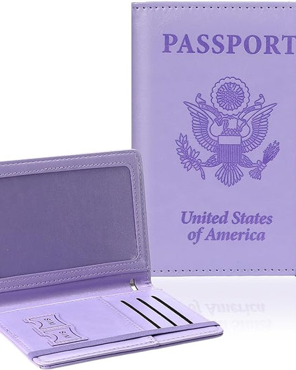 Passport Holder for Travel, RFID Blocking Passport Cover with Pen Holder Leather Passport Wallet Case Travel Must Haves Accessories Passport Book Card Holder for Family Travel Essentials Gifts, Purple