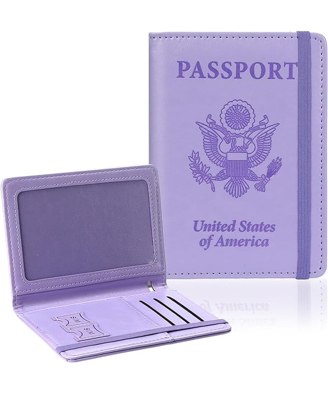 Passport Holder for Travel, RFID Blocking Passport Cover with Pen Holder Leather Passport Wallet Case Travel Must Haves Accessories Passport Book Card Holder for Family Travel Essentials Gifts, Purple