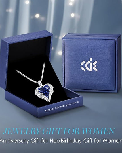 CDE Christmas Gifts for Women Angel Wings Necklace for Women with Birthstone, Love Heart Silver Tone/Gold Tone Pendant, Ideal Anniversary or Birthday Jewelry Gifts for Wife Girlfriend Her