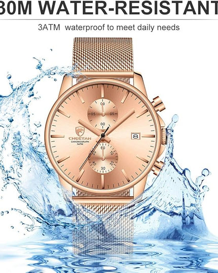 GOLDEN HOUR Mens Watch Fashion Sleek Minimalist Quartz Analog Mesh Stainless Steel Waterproof Chronograph Watches for Men with Auto Date