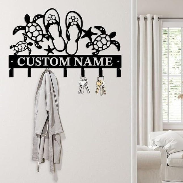 Casebrick Custom Sea Turtle Metal Wall Hooks,Key Holder-Personalized Iron Wall Decor for Keys, Coats & Home Organization (Black, Handmade,Decorative for Entryway, Beach,Bedroom,Office) (Style B)