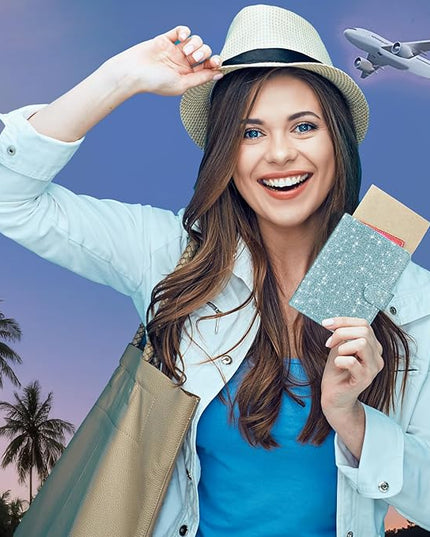 HOTCOOL Passport Holder Travel Essentials Airplane & Cruise Essentials Ship Leather Wallet Cover Case RFID Blocking Women & Men Vacation Travel Accessories Gifts Deals, Glitter - Blue