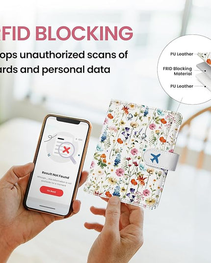 Passport Holder for Travel Essentials, RFID Blocking Leather Cover Wallet with Magnetic Closure, Aesthetic & Cute Passport Book Case for Women and Men - Wildflower
