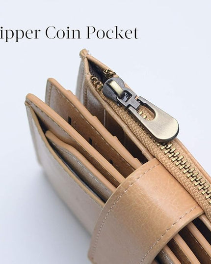 Bveyzi Women's Small Leather RFID Blocking Bifold Zipper Pocket Wallet Ladies Credit Card Slots Purse with id Window