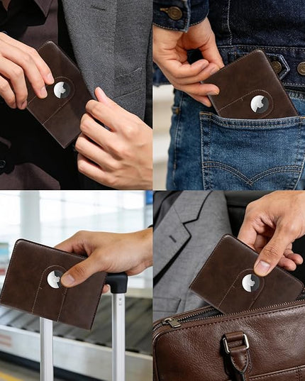 Passport Holder with AirTag Slot - Unisex Slim Travel Wallet, Passport Cover Card Organizer for Trips (Brown)