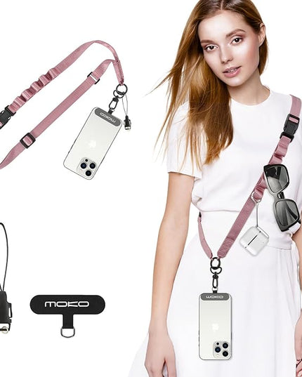 MoKo Universal Phone Lanyard, Nylon Adjustable Cell Phone Crossbody Strap Detachable Women & Men Cellphone Lanyards Around the Neck with Patches for iPhone, Most Smartphone, Rose Gold
