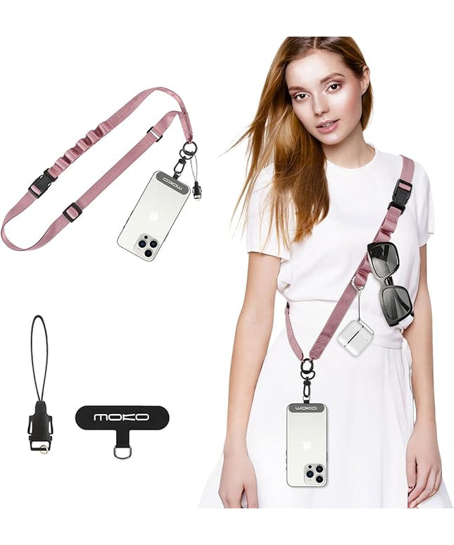 MoKo Universal Phone Lanyard, Nylon Adjustable Cell Phone Crossbody Strap Detachable Women & Men Cellphone Lanyards Around the Neck with Patches for iPhone, Most Smartphone, Rose Gold