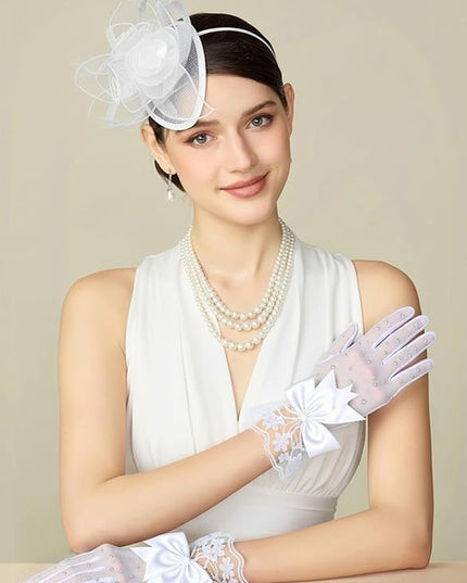 Lace Gloves for Women - Short Bow Rhinestone Tulle Sheer Sparkly Evening Stretchy Gloves for Wedding Opera Party