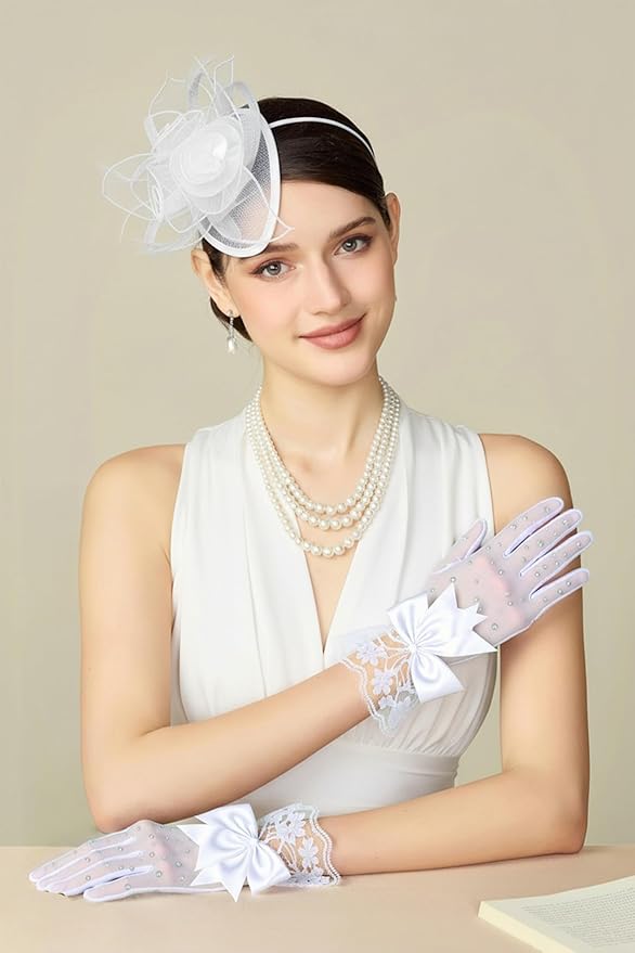 Lace Gloves for Women - Short Bow Rhinestone Tulle Sheer Sparkly Evening Stretchy Gloves for Wedding Opera Party