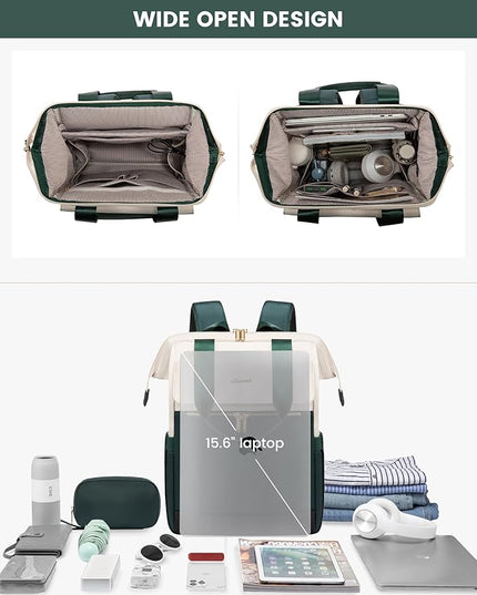 LOVEVOOK Laptop Backpack for Women, 15.6 Inch Work Laptop Bag with USB Port, Fashion Teacher Nurse Backpack Purse, Waterproof Travel Computer Backpack with Organizer Bag, 2PCS, Beige-Green