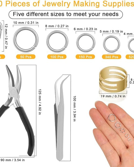 Anezus 1200PCS Jump Rings for Jewelry Making Kit, Jump Rings and Necklace Clasps with Jump Ring Pliers Tools for Jewelry Making Supplies and Necklace Repair (Silver)