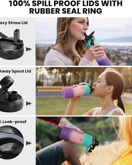 Insulated Water Bottle 40 oz, Triple Wall Vacuum Stainless Steel (Cold for 48 Hrs), Leak Proof & BPA-Free, Modern Water Flask Jug with Paracord Handle & Straw Spout Lids, Hydrangea