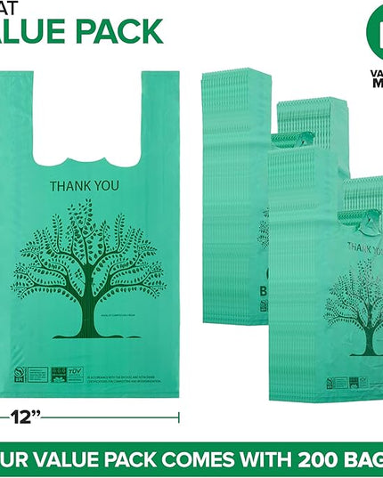 200 Pack Thank You Bags Disposable Eco Grocery T-Shirt Bag with Handles for Supermarket, Groceries, Produce, Shopping, Trash, Small Commercially Compostable Baggies Bulk
