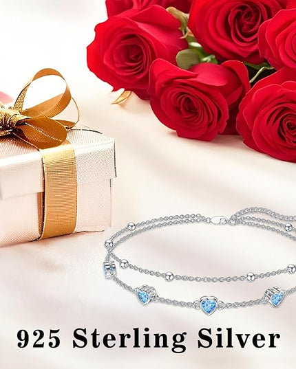 Dorunmo 925 Sterling Silver Heart Birthstone Anklet Bracelets for Women Best Mother's Day Birthday Jewelry for Wife Girlfriend Mom Daughter Her