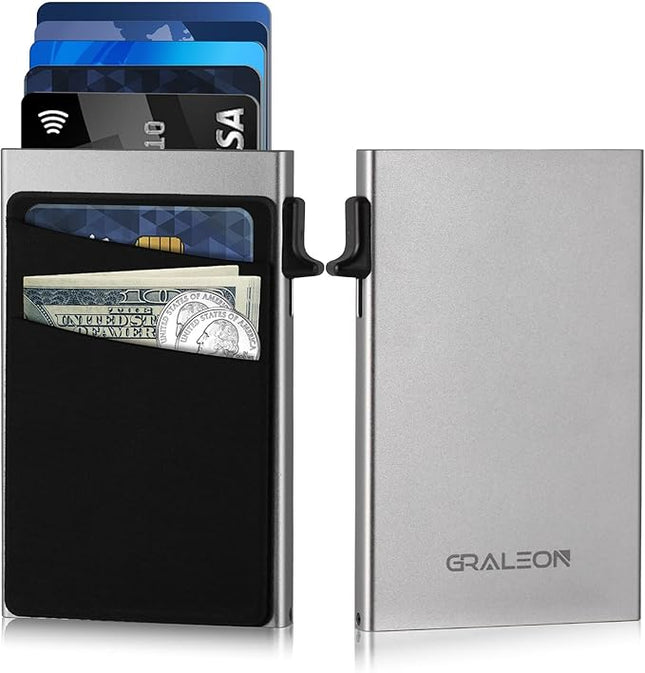 Slim Card Holder Wallet for Men with 12 Card Slots,RFID Blocking Pop Up men's wallet,Metal Wallet with Superelastic Material Expandable Front Pocket Perfectly holds cards,bills,and coins(gray)