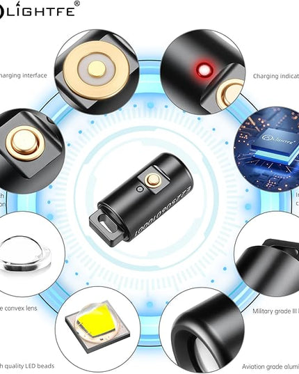 LIGHTFE E2 Mini Keychain Flashlight - Rechargeable USB Magnetic Charging, Compact & Bright LED Pocket Light for Emergencies, Camping, EDC, Everyday Carry