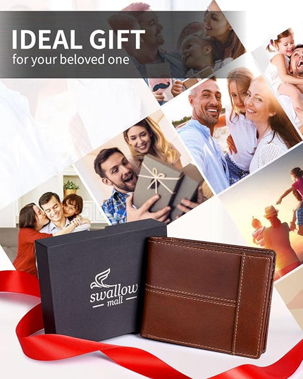 Swallowmall Mens Wallet Rfid Blocking Genuine Leather Bifold Wallets with 1 ID Window 15 Card Slots