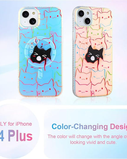 Cute Case for iPhone 14 Plus & iPhone 15 Plus Case for Women Girls Boys [ Compatible with Magsafe ] Iridescent and Black Cats Cat Pattern Design, Colorful Kawaii Animal Protective Phone Cover