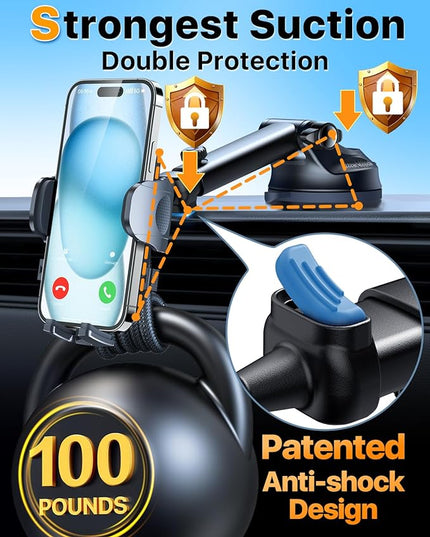 HTU 2026 Ultimate Best【True Military-Grade & Safety Cert】Car Phone Holder【Upgraded 360 Rotation & 100+LBS Strongest Suction】5-in-1 Truck Windshield Dashboard Vent Mount Stand for iPhone Android, Grey