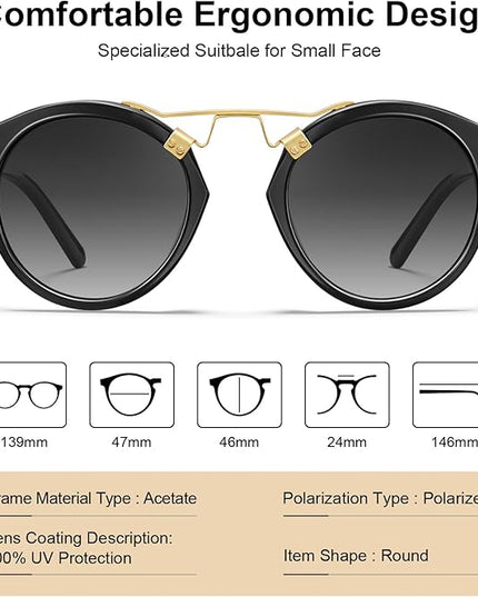CARFIA Small Face Acetate Polarized Sunglasses for Women UV Protection, Retro Double Bridge Eyewears Metal Brow Round Sunnies