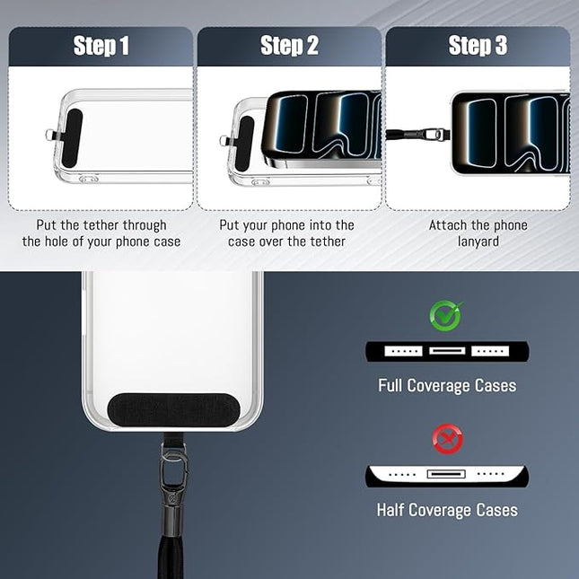 Dadanism Phone Lanyard 2 Pack, 2x Adjustable Crossbody Phone Strap, 2x Tether Tab, Anti-theft Universal Cellphone Multifuctional Patch Lanyards for iPhone & Most Smartphones, Black+Black