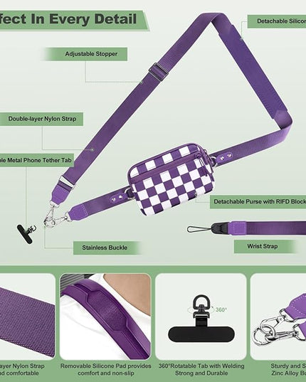 Clip and Go Strap for Phone with Wallet Crossbody, Adjustable Phone Lanyard with Detachable RFID Wristlet Wallet, Phone Strap with Phone Tabs for All Phones, Purple Checkered (M)