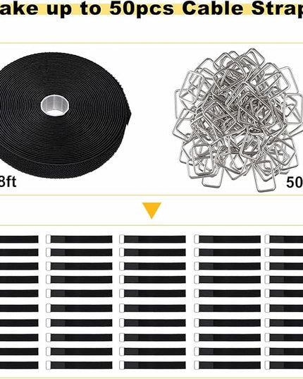1"x32ft Hook and Loop Straps with 50 Metal Buckles, Adjustable Fastening Cable Straps, Cut-to-Length Cinch Strap, Reusable Nylon Securing Cord Ties for Organizer or Storage, 1 inch Wide, Black