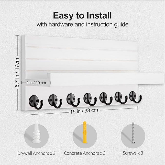 Lwenki Key Holder Wall Mount, Entryway Key and Mail Holder with 7 Sturdy Hooks for Sunglasses, Dog Leash, Decorative Wall Shelf with Mounting Hardware, 15”W x 6.7”H x 4.2”D (White)