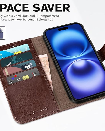 TUCCH Case Wallet for iPhone 16, Magnetic PU Leather Kickstand Flip Cover with 4 Card Slot Shockproof TPU Interior Shell, [RFID Blocking] Folio Case Compatible with iPhone 16 5G, Chocolate Brown