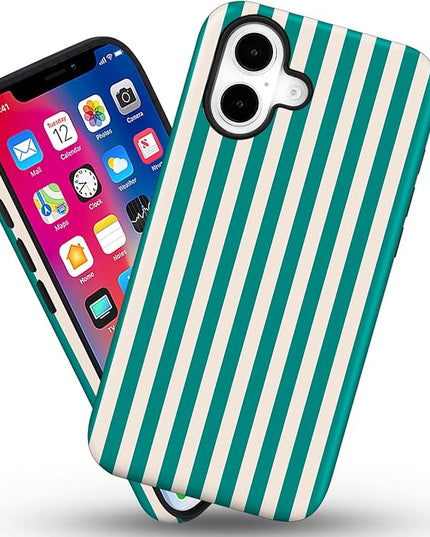 Magnetic for iPhone 16 Case Cute Stripes Phone Case, Shockproof Slim TPU and Hard PC Protective Phone Cover Compatible with MagSafe Designed for Women Girls, Emerald Green