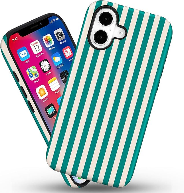 Magnetic for iPhone 16 Case Cute Stripes Phone Case, Shockproof Slim TPU and Hard PC Protective Phone Cover Compatible with MagSafe Designed for Women Girls, Emerald Green