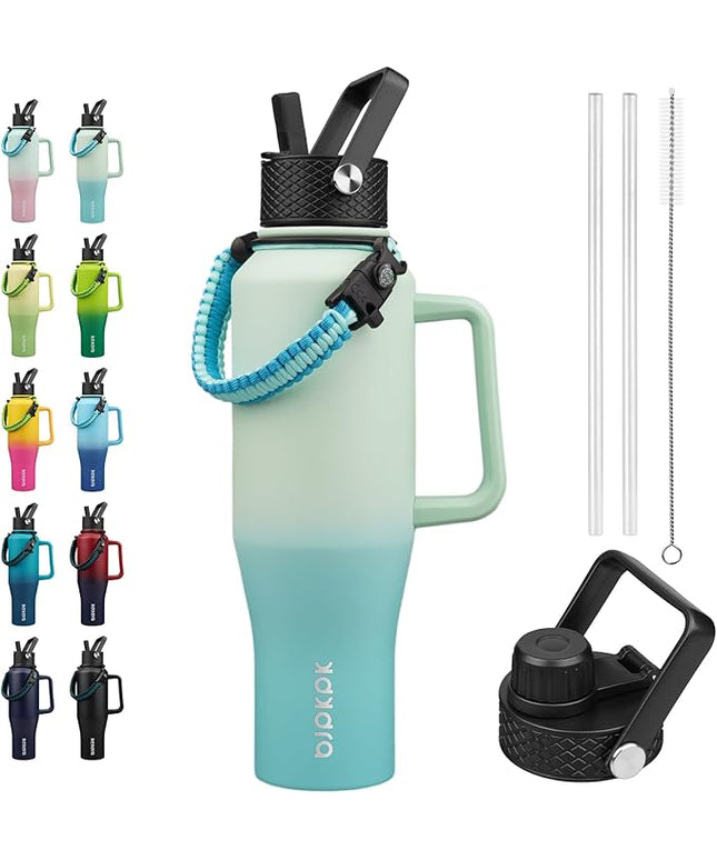 BJPKPK Insulated Water Bottles with Straw Lid, 40oz Metal Water Bottle with 2 lids & Paracord Strap, Double Wall Stainless Steel Tumbler with Handle, Reusable Cups, Mugs, Thermo, Mint