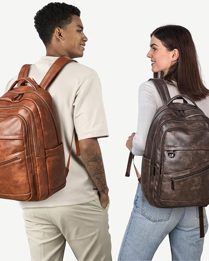 43L Backpack for Women Men - Vegan Leather Backpack Purse Travel Carry-on Bag College Bookbag Work fits 17" Laptop, Coffee