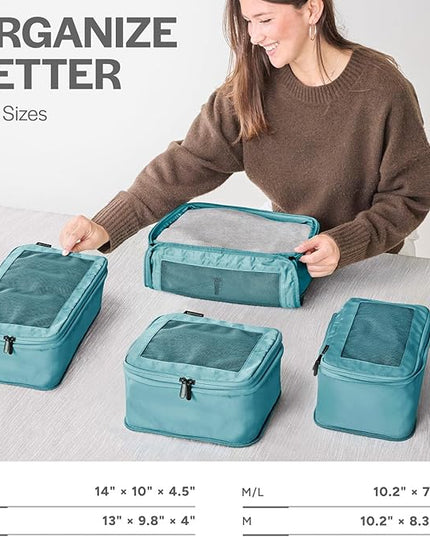 Aerotrunk Compression Packing Cubes for Travel - Luggage Organizer Bags - Double Zipper Packing Cubes for Suitcases (4-Pack, Teal)