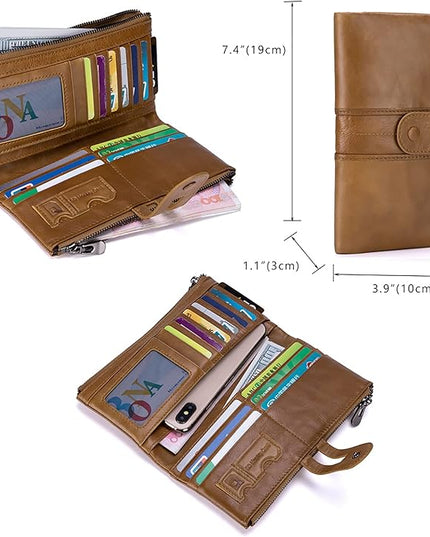 myfriday Women's RFID Blocking Genuine Leather Wallet, Bifold Long Clutch Wallet Money Clips Ladies Card Holder Purse