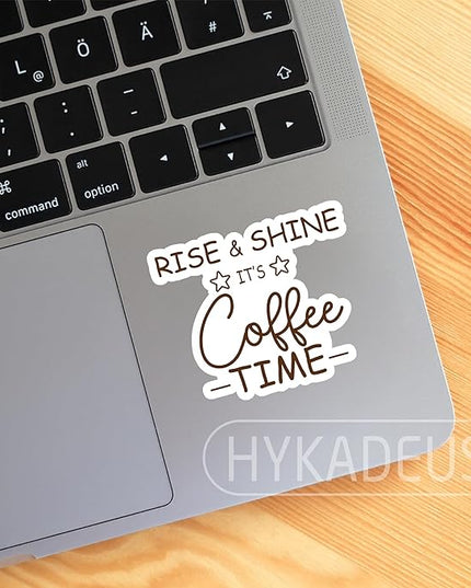 (3Pcs) Rise & Shine It’s Coffee Time Stickers Funny Coffee Quote Caffeine Humor Vinyl Decals for Laptop, Water Bottle, Mug, Planner, 3" x 2.5"