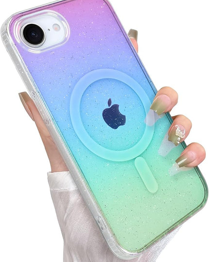 Glitter Case for iPhone 16e Case for Women Girls [ Compatible with Magsafe ] Clear Cute Girly Aesthetic Iridescent Rainbow Sparkly Bling Magnetic Phone Cover, Gradient Blue & Pink
