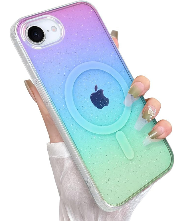 Glitter Case for iPhone 16e Case for Women Girls [ Compatible with Magsafe ] Clear Cute Girly Aesthetic Iridescent Rainbow Sparkly Bling Magnetic Phone Cover, Gradient Blue & Pink