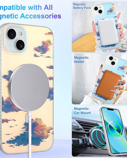 Cute Case for iPhone 13 & 14 Case for Women Girls [ Compatible with Magsafe ] Aesthetic Cloud Pattern Design, Girly Glitter Sparkly Bling Protective Phone Cover, Iridescent Sun Set Sky