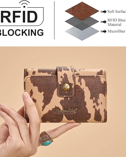 Montana West Brown Cow Print Wallet Women Small Trifold Wallet Ladies Female Credit Cash Wallets Western Travel Clutch Wallets with ID Window and RFID Lining