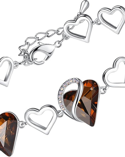 Leafael Infinity Love Heart Link Bracelets, Birthstone or Healing Stone Crystal Bracelet for Women, Silver Tone Jewelry Gifts for Her, 7-inch Chain and 2-inch Extender