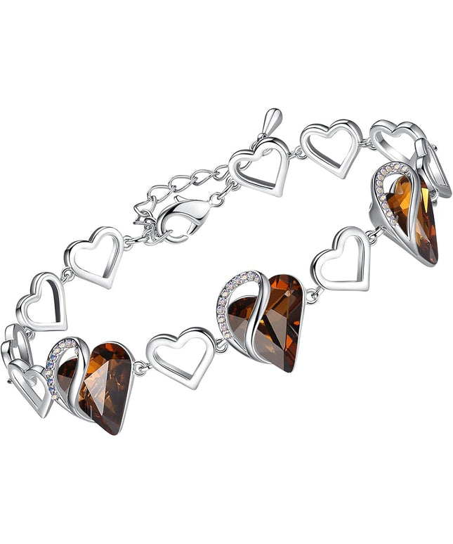 Leafael Infinity Love Heart Link Bracelets, Birthstone or Healing Stone Crystal Bracelet for Women, Silver Tone Jewelry Gifts for Her, 7-inch Chain and 2-inch Extender